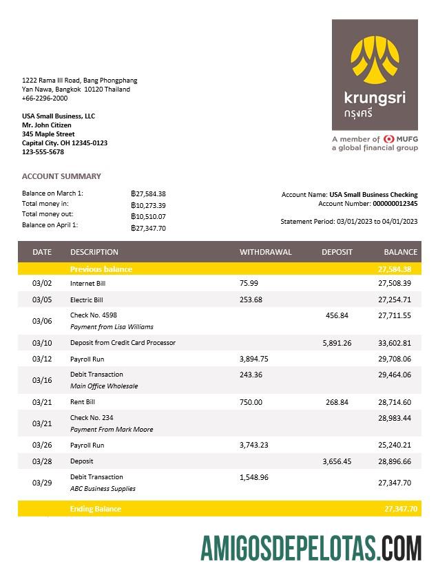 Baixável Krungsri Bank of Ayhu Business Statement Word e PDF Modelo
